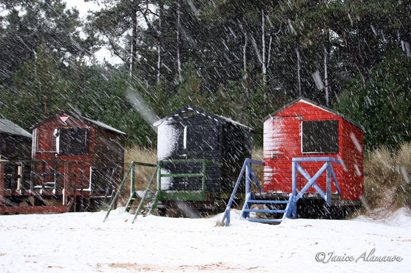 LSn19 - Snow Storm & Beach Huts. Wells, Norfolk